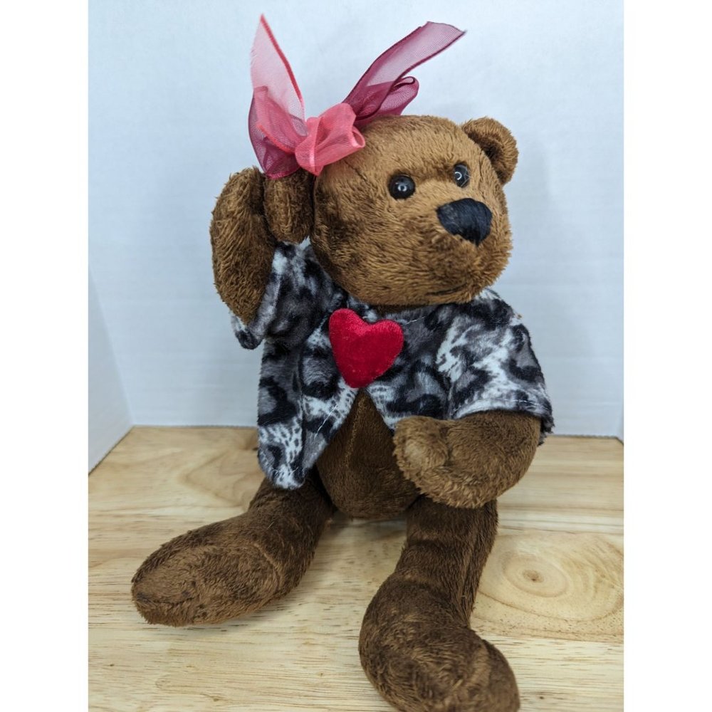 Dan Dee Collector's Choice brown bear pink ribbon - soft wild print heart 7 inch